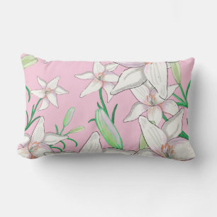 White Lillies on Pink Background Illustration Lumbar Cushion
