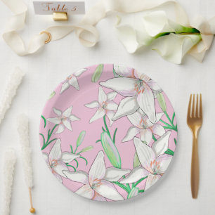 White Lillies on Pink Background Illustration  Paper Plate