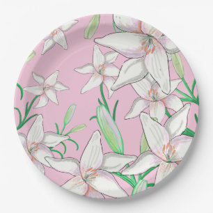 White Lillies on Pink Background Illustration Paper Plate