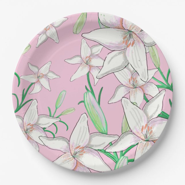 White Lillies on Pink Background Illustration    Paper Plate (Front)