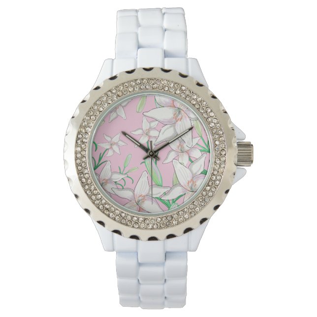 White Lillies on Pink Background Illustration   Watch (Front)