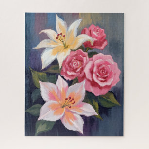 White Lillies Pink Rose Bouquet Watercolor Floral Jigsaw Puzzle