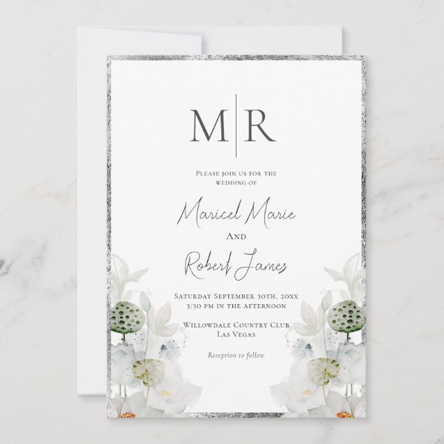 White Lilly Botanical Monogram wedding invitation (Front)