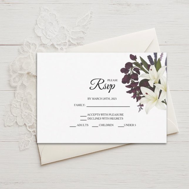 White Lily and Plum Floral Wedding RSVP Cards (Creator Uploaded)