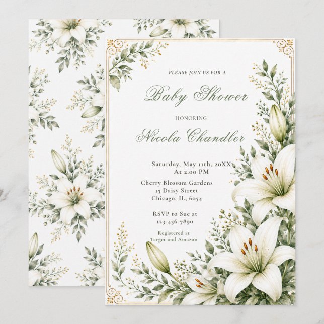 White Lily Baby Shower Invitation (Front/Back)
