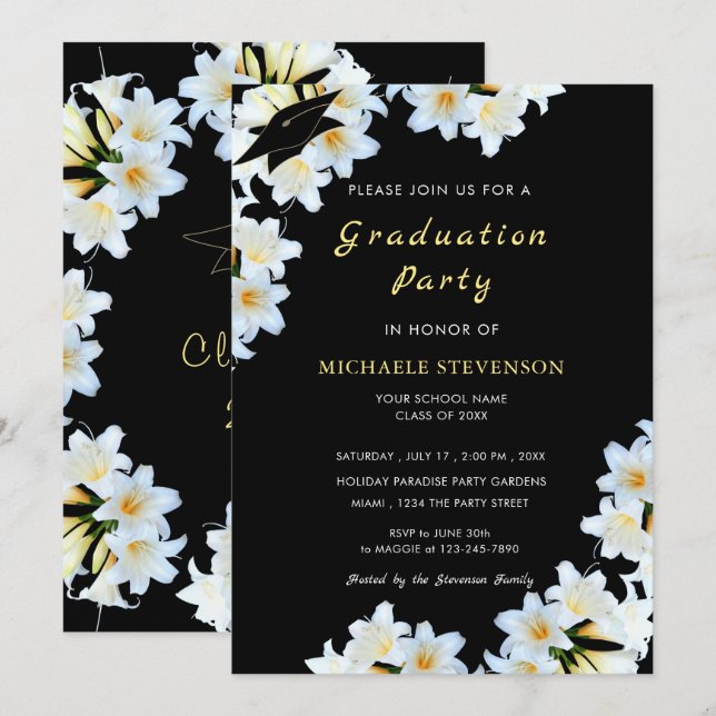 White Lily Black Graduation Invitation Template (Front/Back)