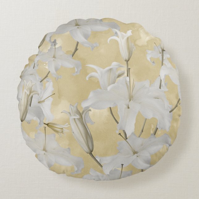 White Lily Blossom Glam 3a Round Cushion (Front)