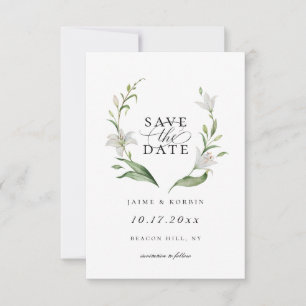 White Lily Botanical Floral Save The Date Photo Announcement