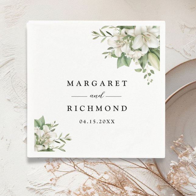 White Lily Elegant Watercolor Floral Wedding Napkin (Creator Uploaded)