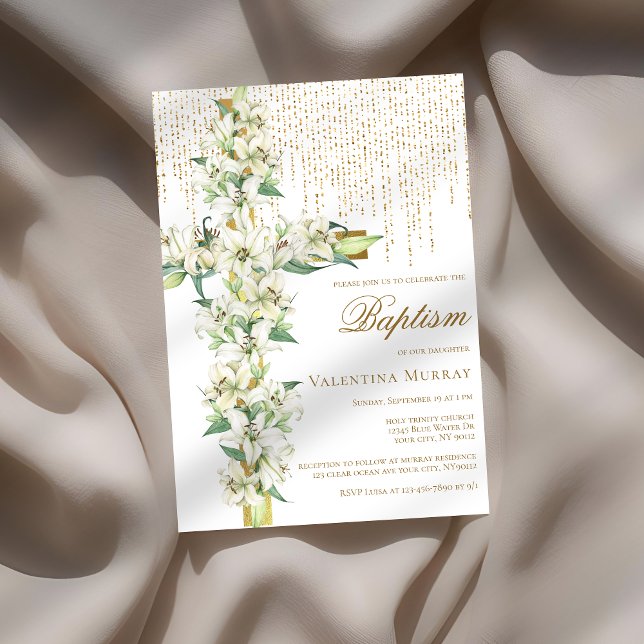 White Lily Floral Cross Faux Gold Glitter Baptism Invitation (Creator Uploaded)