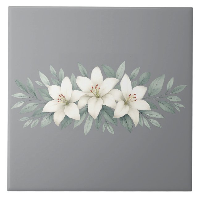 White Lily Floral Elegant Botanical Accent Tile (Front)