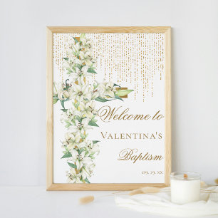 White Lily Floral Gold Cross Baptism Welcome Poster