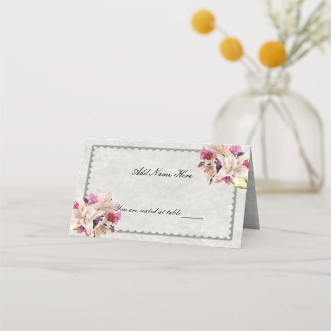 White Lily Floral Marble Folded Table Place Card (Front)
