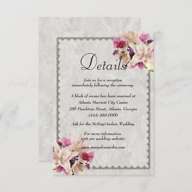 White Lily Floral Marble Wedding Details Enclosure Card (Front/Back)