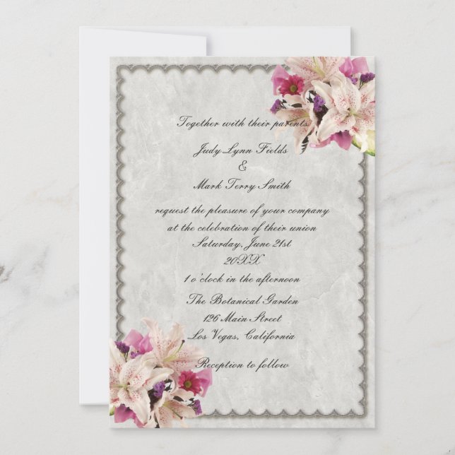 White Lily Floral Marble Wedding Invitations (Front)