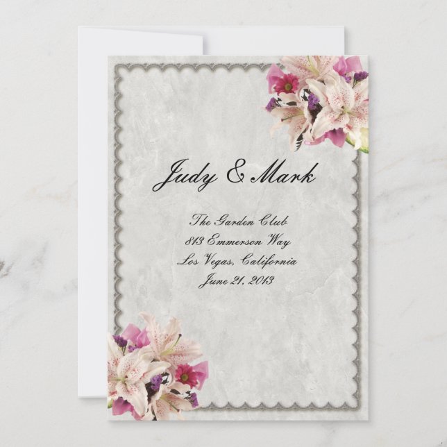 White Lily Floral Marble Wedding Menu Card (Front)