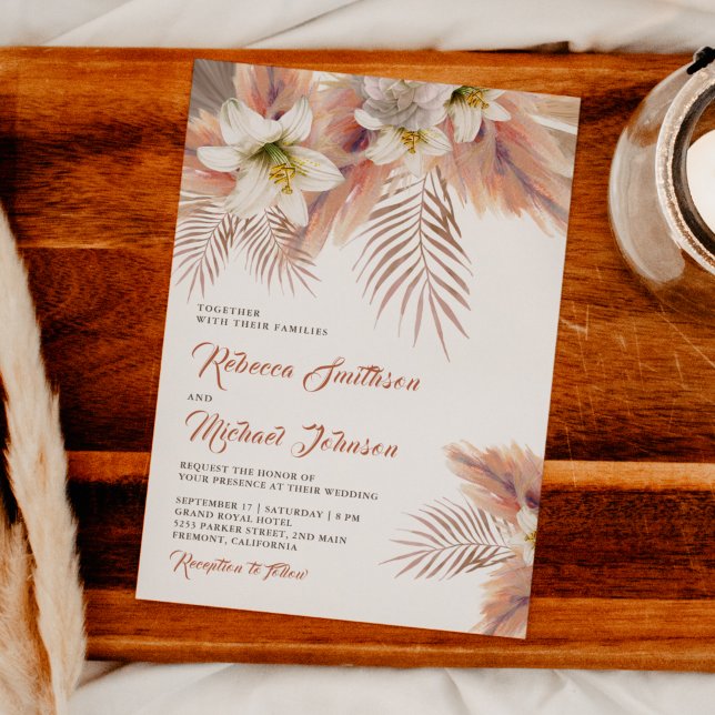White Lily Floral Palm Earthy Pampas Wedding Invitation (Creator Uploaded)
