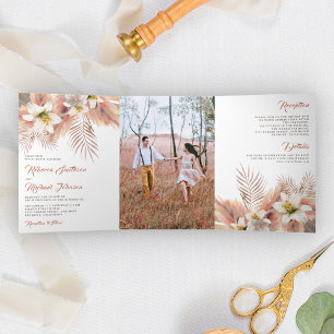 White Lily Floral Palm Earthy Pampas Wedding Tri-Fold Invitation