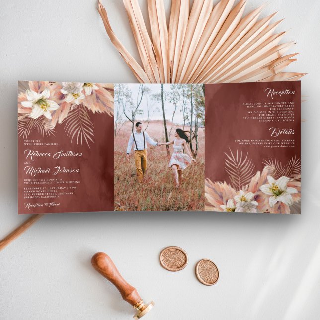 White Lily Floral Palm Pampas Cinnamon Wedding Tri-Fold Invitation (Creator Uploaded)