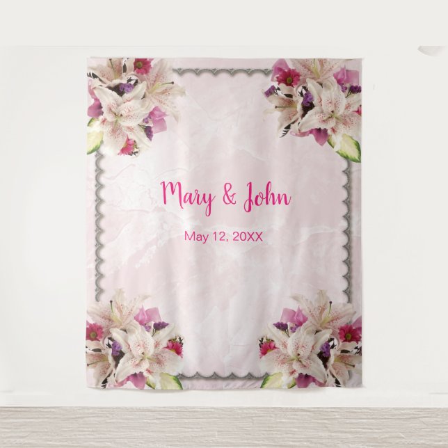 White Lily Floral Pink Marble Wedding Backdrop Tapestry (Front)