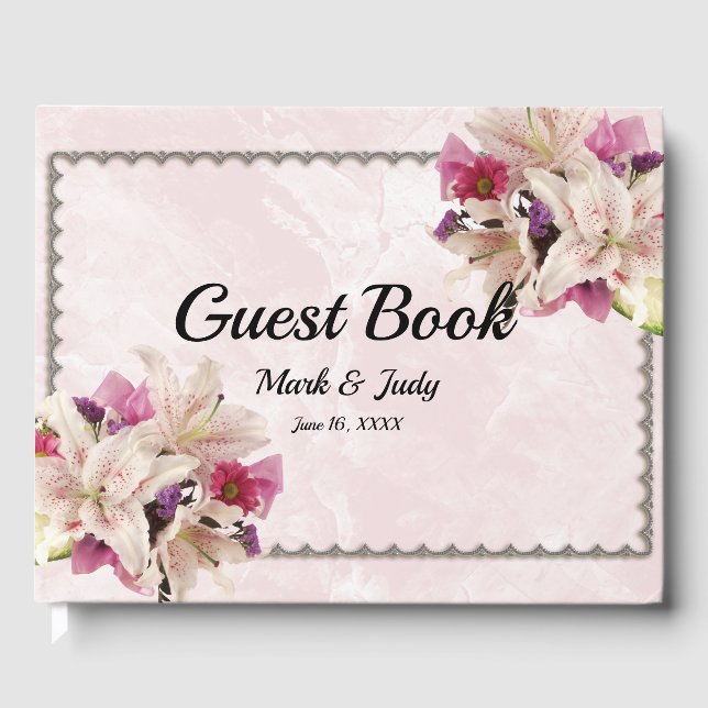 White Lily Floral Pink Marble Wedding Guestbook (Front)