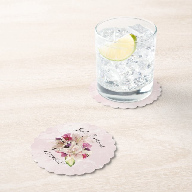 White Lily Floral Pink Marble Wedding Paper Coaster (Insitu)
