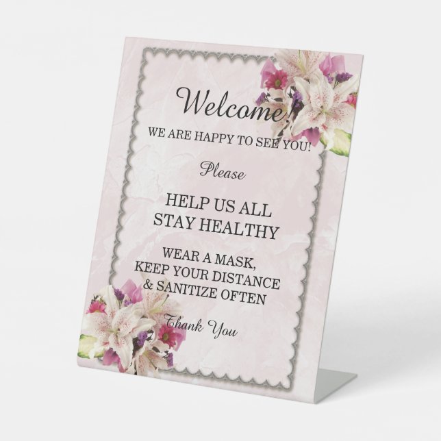 White Lily Floral Pink Marble Wedding Safety  Pedestal Sign (Front)