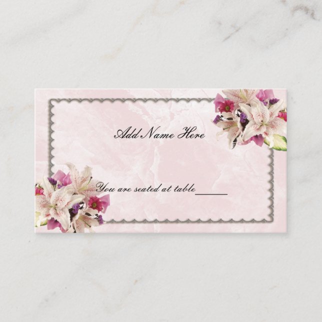 White Lily Floral Pink Marble Wedding Table Place Card (Front)