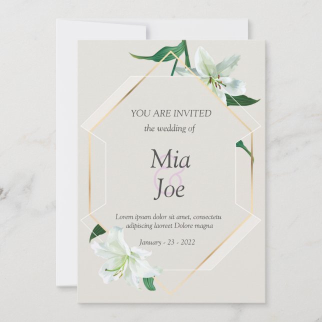 white lily flower and Geometric Wedding Invitation (Front)