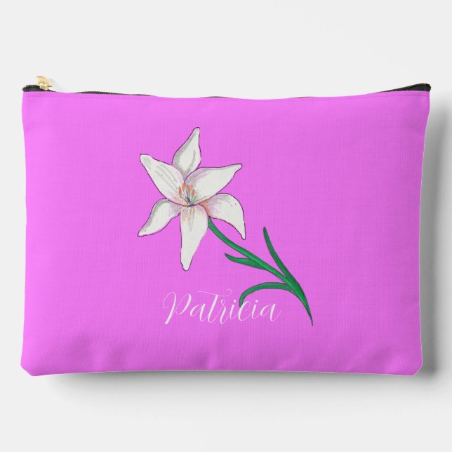 White Lily Flower Illustration Personalised Accessory Pouch (Front)