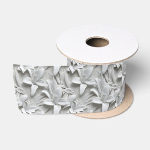 White Lily Flower Seamless Pattern Satin Ribbon
