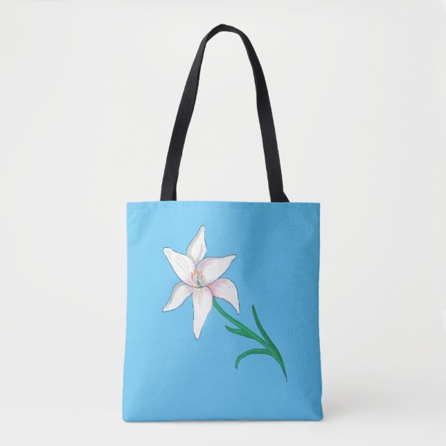 White Lily Flower Sky Blue Tote Bag (Front)