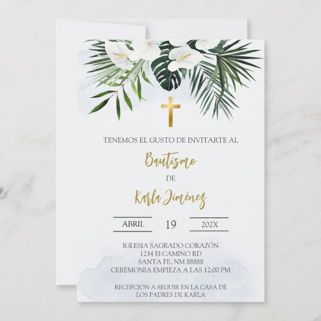 White Lily flower Spanish baptism Invitation (Front)