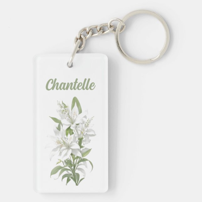 White Lily Flowers Personalised Key Ring (Back)