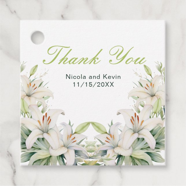 White Lily Flowers Wedding Favour Tags (Front)
