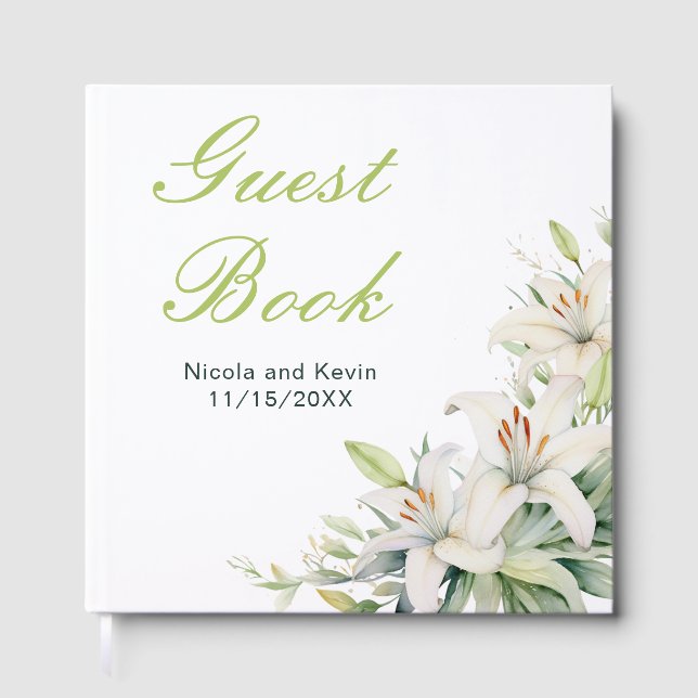 White Lily Flowers Wedding Guest Book (Front)