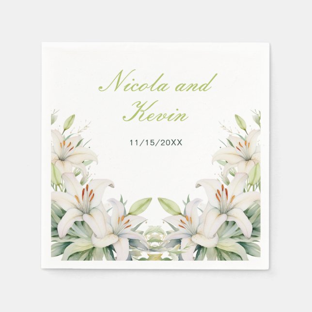 White Lily Flowers Wedding Napkin (Front)