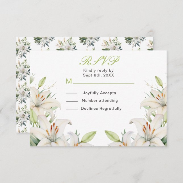 White Lily Flowers Wedding RSVP Card (Front/Back)
