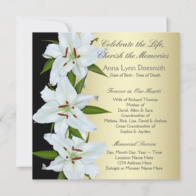 White Lily Funeral Announcements (Front)