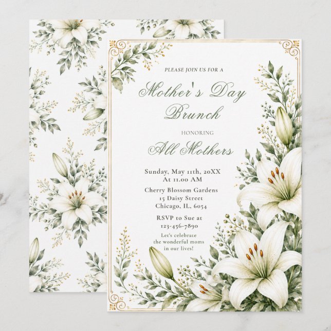 White Lily Mother's Day Brunch Invitation (Front/Back)