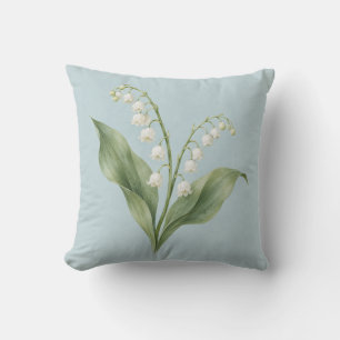 White Lily of the Valley Blue Botanical Watercolor Cushion