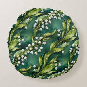 White Lily of the Valley on Teal Round Cushion