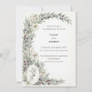 White Lily Olive Branch Wedding Invitation