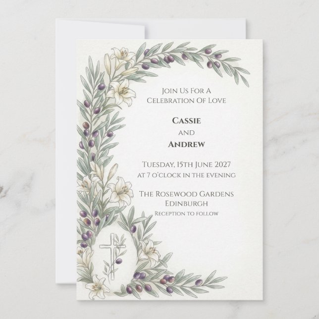 White Lily Olive Branch Wedding Invitation (Front)