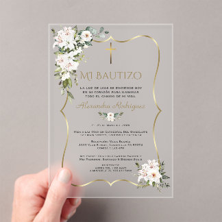 White Lily Rose Bautizo Con Flores Gold Baptism Acrylic Invitations