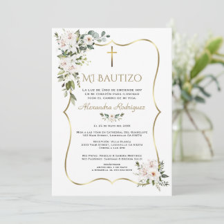 White Lily Rose Bautizo Con Flores Gold Baptism Invitation