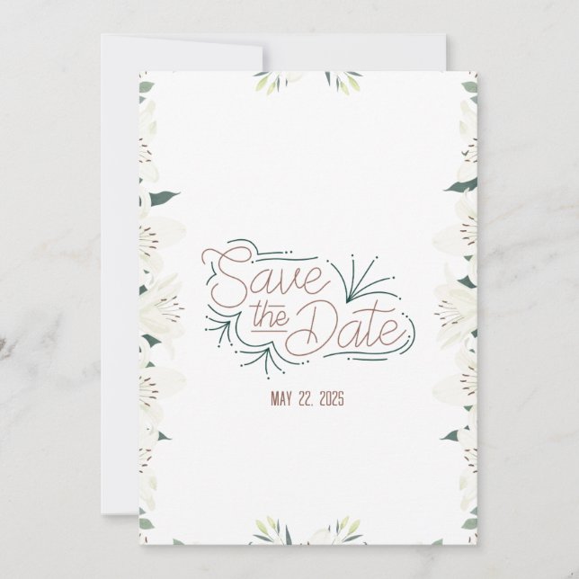 White Lily Watercolor Save the Date Invitation (Front)
