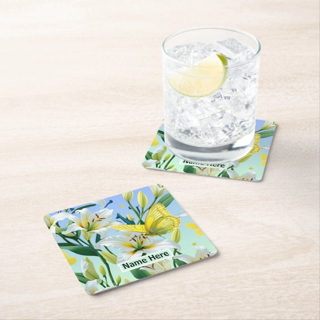 White Lily Yellow Butterfly  Square Paper Coaster (Insitu)
