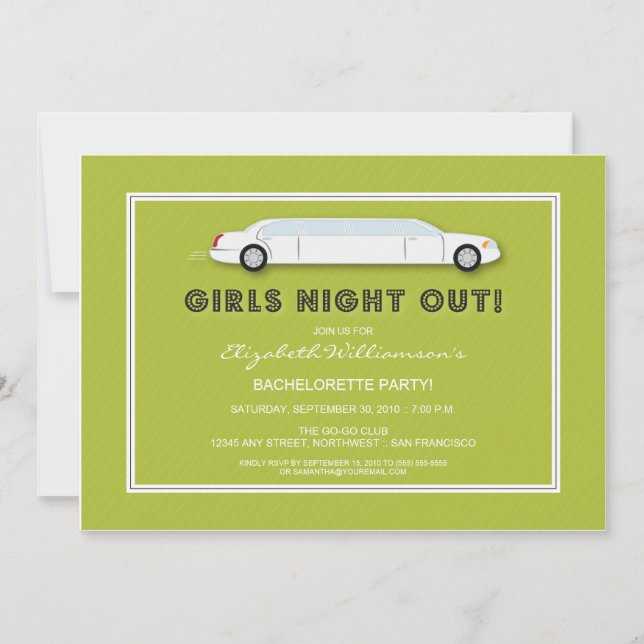 White Limo Bachelorette Party Invitation (lime) (Front)