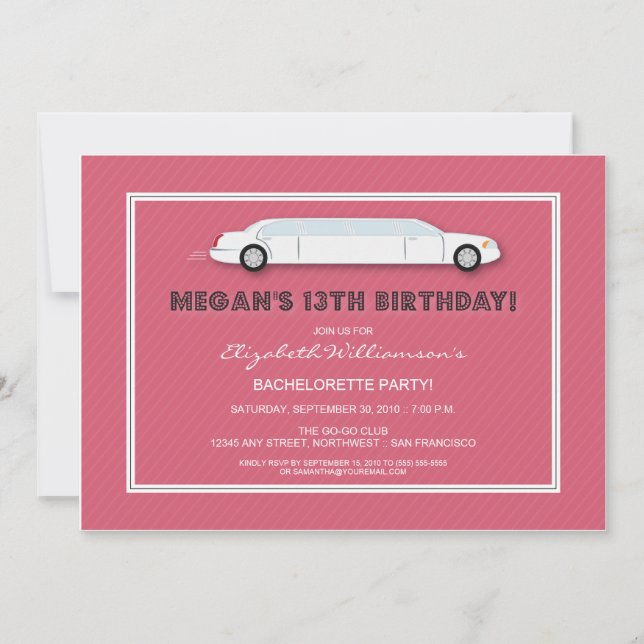 White Limo Birthday Party Invitation (pink) (Front)